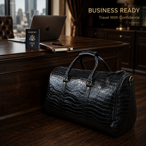 Black Crocodile Embossed Duffle <b>Bag</b> for <b>Men</b> | Luxury Travel Weekender | Large <b>Overnight</b> Carryall with Shoulder Strap, Handles - Product Image 4