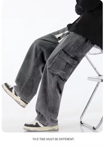 Jeans cargo en denim délavé coupe droite style hip-hop décontracté pour jeunes hommes - Vente en gros - Product Image 4