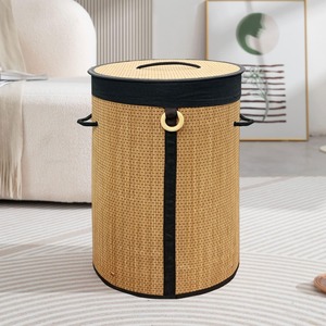Bamboo Laundry Hamper Foldable Clothes <b>Basket</b> with Lid Woven Storage Bin for <b>Bathroom</b> Bedroom - Product Image 1
