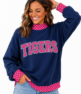 Sweat-shirt en molleton surdimensionné à col montant pour femme Tigers, avec patchwork personnalisé en vichy, appliqué lettres et broderie Jolly, pull d'hiver - Product Image 6
