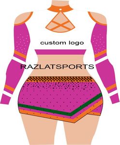 Costume de danse de cheerleading pour adulte, imprimé, avec strass scintillants, uniformes de cheerleading, patchwork métallique, robe de cheerleading à manches longues, jupe - Product Image 4