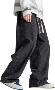 Pantalones vaqueros de hombre de cintura alta, estilo recto, con efecto desgastado, lavado ácido, corte holgado, con pedrería, para verano - Product Image 5