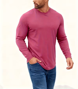 Men's Long Sleeve O-Neck T-Shirt Solid Pink Regular Fit Casual Knitted Jersey 100% Cotton Breathable Quick Dry 180g - Product Image 4