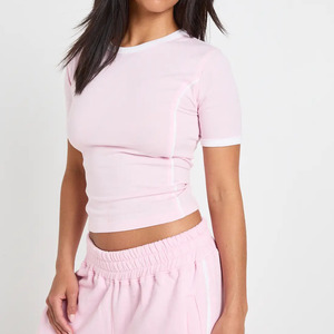 Custom Women's <b>Pink</b> Cotton Two Piece Set Casual Loose Fit <b>Tracksuit</b> With Pocket Full Length Pants And Short Sleeve Top Crew Neck - Product Image 4