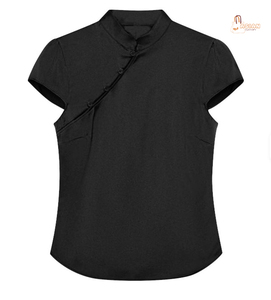 Blusa Elegante de Gasa Blanca para Mujer con Cuello Mandarín y Manga Casquillo, Ajuste Regular, Color Sólido, Antiarrugas, Para Todas las Estaciones - Product Image 4