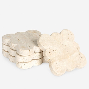 Minimalist Wabi-Sabi Travertine Stone <b>Coaster</b> Set | Flower Scalloped Edge Natural Limestone <b>Coaster</b> for Coffee Table & Hotel Bar - Product Image 2