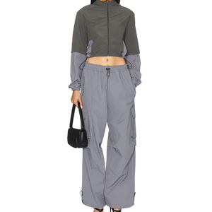 Conjunto Casual de 2 Piezas para Mujer, Chaqueta con Capucha Gris de Manga Larga, Pantalones Cargo Holgados, Transpirables, de Spandex/Algodón - Product Image 1