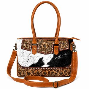 Western Hair-On Cowhide Leather Handbag Hand Tooled Floral Shoulder Bag Genuine Leather Crossbody <b>Purse</b> Women Travel Tote bag - Product Image 1