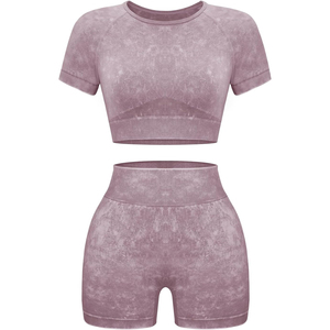 Conjunto de Yoga de Dos Piezas, Top Corto con Cuello Redondo y Pantalones Cortos de Cintura Alta, Color Rosa Sólido, Spandex y Poliéster, Ropa Deportiva que Absorbe el Sudor - Product Image 4