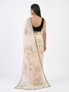 Elegant Cream Digital Print Silk Saree <b>Green</b> <b>Velvet</b> Blouse for Women India Pakistan Wedding Wear In-Stock Bollywood Style Midi - Product Image 2