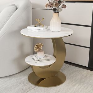 Tavolino da 20 pollici in oro a forma di luna con mobili da soggiorno tondi in pietra sinterizzata a 2 livelli - Product Image 3