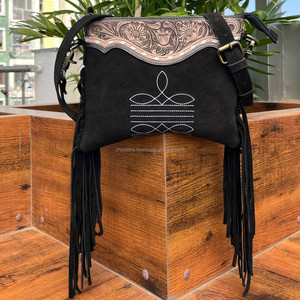 Sac à main véritable en daim noir outillé à la main Sac à franges en bandoulière pour femmes Western en cuir véritable Floral Bohème Sac à main - Product Image 4