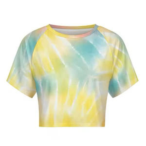 Women's Tie Dye Crop <b>Top</b> Short Sleeve <b>Raglan</b> O-Neck Knitted Tee Casual Summer Wear Breathable Polyester - Product Image 4