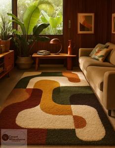 Tapis de luxe moderne abstrait géométrique en laine tuftée à la main, antidérapant, à poils moyens, avec support en toile de coton, doux et moelleux, à blocs de couleur - Product Image 2