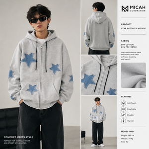 Denim Star Patch <b>Zip</b>-<b>Up</b> V-neck Cardigan Sweatshirt Autumn 100% Cotton Fleece Oversized Streetwear Jacket Breathable Men's - Product Image 5