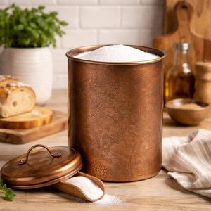Hand-<b>Hammered</b> Antique Copper Storage Canister with <b>Loop</b> Handle Vintage Kitchen Countertop Sugar Coffee Tea Jar - Product Image 3