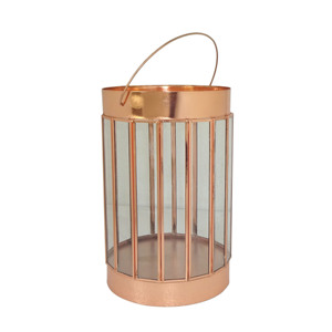 Farol cilíndrico de metal pulido en cobre y oro rosa con paneles de vidrio, asa de alambre en forma de arco y parte superior abierta, decoración para centro de mesa - Product Image 1