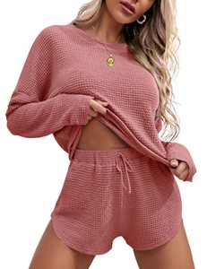 Ensemble de pyjama en tricot gaufré pour femmes, haut à manches longues et short assorti, ensemble de détente, vêtements de détente avec poches - Product Image 1