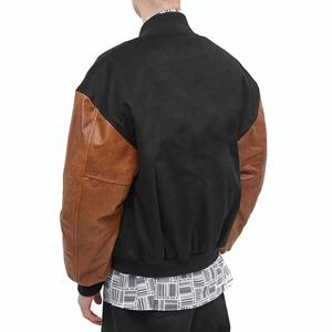 Veste universitaire intelligente de haute qualité, col montant, corps en laine véritable, manches en cuir, appliques, réversible, style urbain parfait - Product Image 2