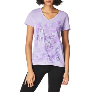 Camiseta estampada con cuello en V para mujer, camiseta informal de manga corta con gráfico minimalista, top de verano a la moda - Product Image 1