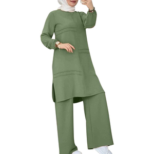 Traje islámico modesto para mujer, vestido asimétrico de manga larga color amarillo mostaza con bolsillos y pantalones de pierna ancha, conjunto de tela de algodón recta - Product Image 2