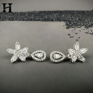 Custom Gold Baguette <b>Diamond</b> Floral Drop <b>Earrings</b> Teardrop Halo <b>Dangle</b> <b>Earrings</b> for Women - Product Image 4