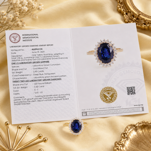 Bague de luxe élégante en or massif 14 carats avec diamant de laboratoire et saphir bleu royal, bijoux fins pour femmes, fabricant de bijoux de mariage - Product Image 6