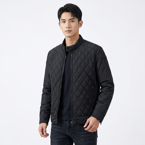 Men's Black <b>Quilted</b> Jacket Stand Collar Zipper Windproof Polyester Wadding Autumn Regular Fit - Product Image 2