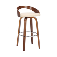 Tabouret de bar pivotant 76 cm de haut en similicuir crème et bois de noyer, style moderne minimaliste urbain, présence solide