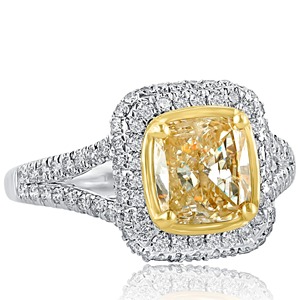 <b>Cushion</b> Cut Light Yellow Lab Grown Diamond Double Halo Engagement Ring 14K Solid Gold VVS+ for Women's From India - Product Image 2
