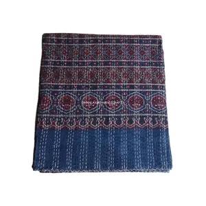 Indigo Blue Beautiful Home Decorative Indian Ajrakh Hand Block Print Wholesale Kantha Bedspread Handmade Cotton Kantha Quilt