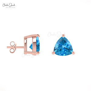 Chordia Jewels 14K Solid Rose Gold Swiss <b>Blue</b> Topaz <b>Studs</b> Push Back <b>Earrings</b> 4MM Trillion Cut Gemstone <b>Earrings</b> Jewelry for her - Product Image 2
