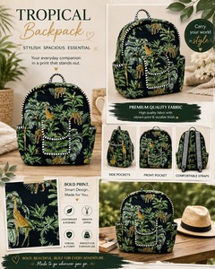 Sac à dos PNM Overseas en coton camouflage avec poignées et bretelles rayées, taille moyenne, usage quotidien décontracté, fermeture à glissière et bouton - Product Image 3