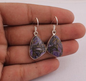 925 Sterling Silver Purple Copper Charoite <b>Earrings</b> Natural Composite Gemstone Triangular Dangle <b>Earrings</b> <b>Handmade</b> Jewelry - Product Image 1