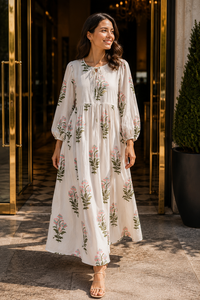 Bohemian Hand Block Printed Cotton Maxi <b>Dress</b> Women <b>Long</b> Puff Sleeve Tie Neck Floral Casual Summer <b>Beach</b> <b>Dresses</b> Wholesale - Product Image 6