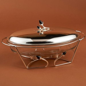 Silver Metal Acrylic Chafing Dish Featuring Pink Floral Accent Lid Curved <b>Stand</b> And Side Handles For Elegant Buffet Dining - Product Image 5