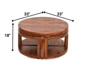 Table basse ronde en bois massif pour gagner de la place avec 4 tabourets |   Table basse circulaire artisanale avec tabouret compensé |   Vente en gros en Inde - Product Image 3