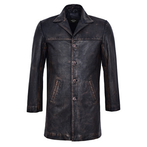 <b>Mens</b> Vintage Distressed Genuine Cowhide Leather Long Coat Classic Button Front Leather Overcoat Winter Trench <b>Jacket</b> OEM ODM - Product Image 1