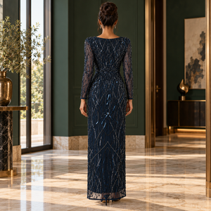 Robe de soirée bleu marine géométrique à perles avec décolleté en V profond |   Robe fourreau ajustée à manches transparentes pour les soirées et événements formels - Product Image 3