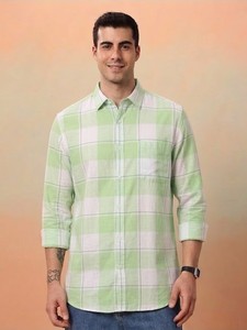 Camisa Casual de Hombre, de Algodón, a Cuadros Verdes, de Doble Botonadura, Tejida, de Manga Larga, con Cuello Clásico, Transpirable, Estilo Veraniego - Product Image 1