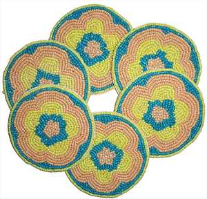 Sous-verres brodés perlés, design bohème, polyester et coton, diamètre 300 mm, écologiques, décoration de table, bleu vert - Product Image 1
