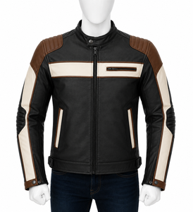Men's Black Brown Cream Color Blocked Leather <b>Motorcycle</b> <b>Jacket</b> Full Sleeve Windproof All Seasons - Product Image 1