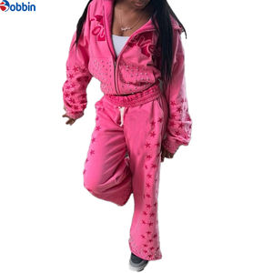 Ensemble 2 pièces unisexe : Sweat à capuche d'hiver et pantalon évasé coupe empilée, avec logo personnalisé et imprimé strass, coupe-vent personnalisé délavé à l'acide - Product Image 3