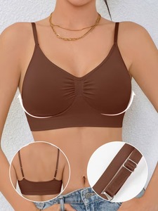 Women V Neck Workout Bralette Thin Adjustable Straps Gathered Center Seamless Ribbed Band Gym <b>Crop</b> <b>Top</b> Wholesale - Product Image 6