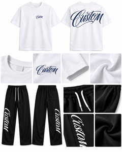 Ensemble de vêtements unisexes en gros personnalisé, t-shirt blanc à imprimé graphique et pantalon large noir, streetwear, deux pièces, marque privée - Product Image 6