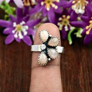 Minimalist Southwestern Peach Moonstone Gemstone Ring Handmade Crescent <b>Cluster</b> Teardrop Shape Floral Ring Gift For Her - Product Image 1