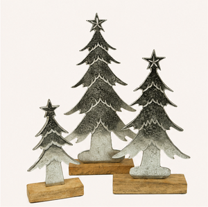 Wholesale Premium Metal Christmas <b>Tree</b> Sculpture With Natural Wood Base Handcrafted Hammered Silver <b>Tabletop</b> Holiday Decor - Product Image 1