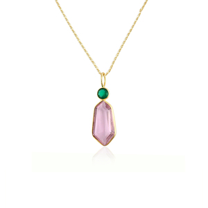Collar de moda con colgante de cuarzo rosa de corte elegante y doble piedra de cuarzo hidrotermal, engastado en latón chapado en oro de 18k. - Product Image 2
