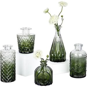 Juego de 5 Pequeños Floreros de Vidrio Verde, Mini Centros de Mesa Vintage para Bodas y Decoraciones de Mesa para Flores Individuales - Product Image 5