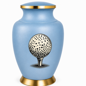 Urne funéraire bleu ciel avec un design de balle de golf et d'herbe gravé en profondeur, orné d'élégants accents dorés. Urnes funéraires. - Product Image 4